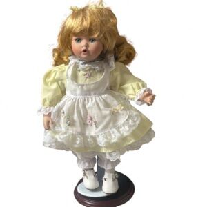 Vintage Porcelain Doll White Apron Yellow Blouse with Stand